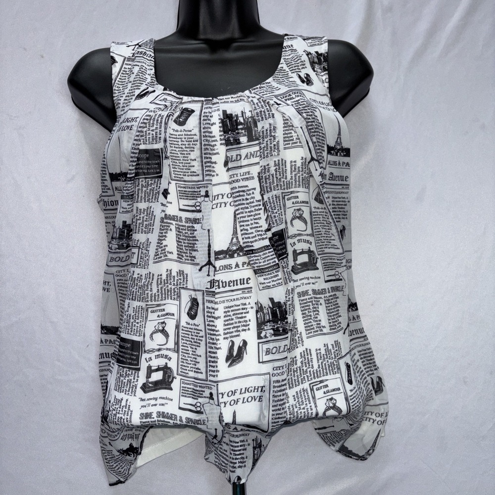 NY and Co Newspaper Print Camisole Polyester Shell/Rayon/Spandex Lining Sz Lg